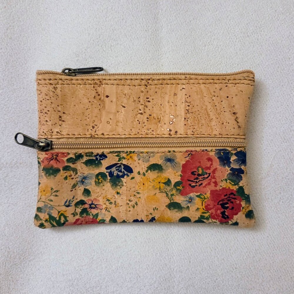 Portugal Natural Cork Small Coin or Lipstick Wallet Purse Fabric Lined Zipper